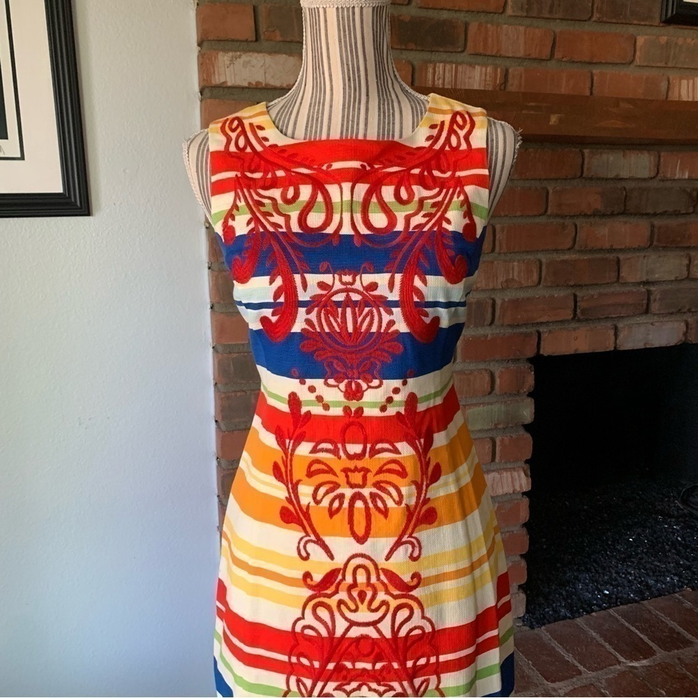 Anthropologie Banded Totem Striped Embroidered Sleeveless Shift Dress Sz 0 - Picture 3 of 9